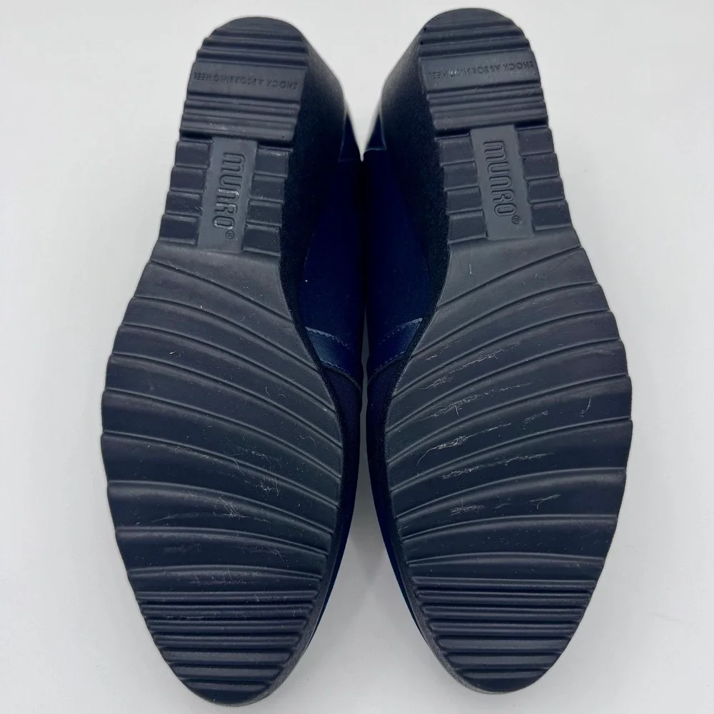 Mindy Navy 10N‎ Blue Stretch Fabric Leather Wedge Loafers Buckle Shoes